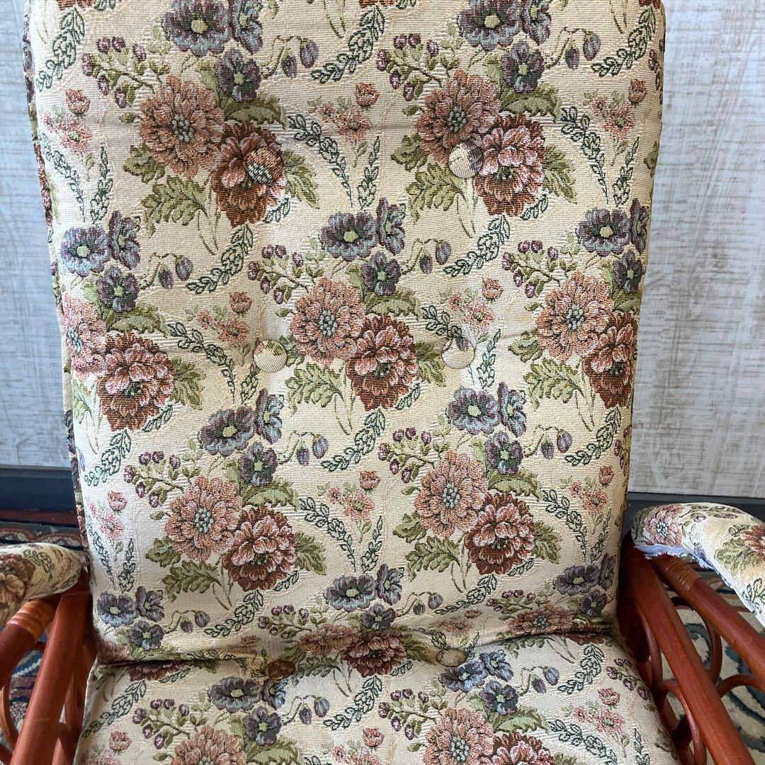 昭和レトロ 花柄ゴブラン織り 回転式ラタンリクライニングチェア アームチェア