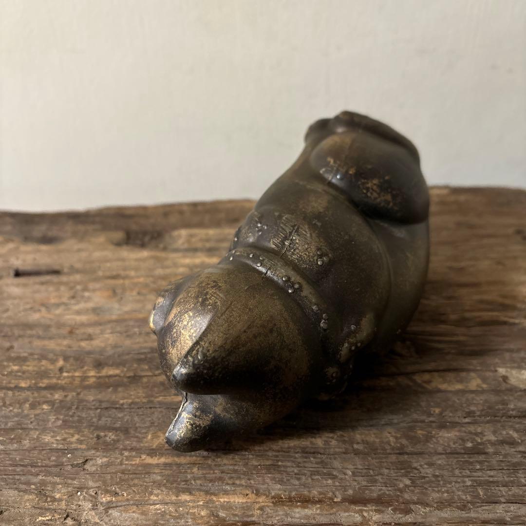 アンティーク　金属製の招き猫　縁起物　古道具　骨董品　福助人形　眠り猫　検:李朝