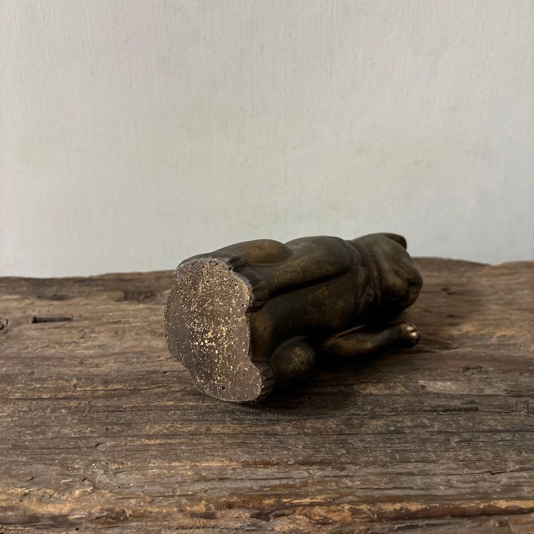 アンティーク　金属製の招き猫　縁起物　古道具　骨董品　福助人形　眠り猫　検:李朝