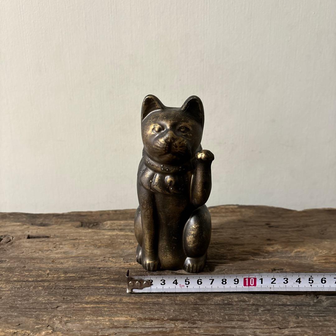 アンティーク　金属製の招き猫　縁起物　古道具　骨董品　福助人形　眠り猫　検:李朝