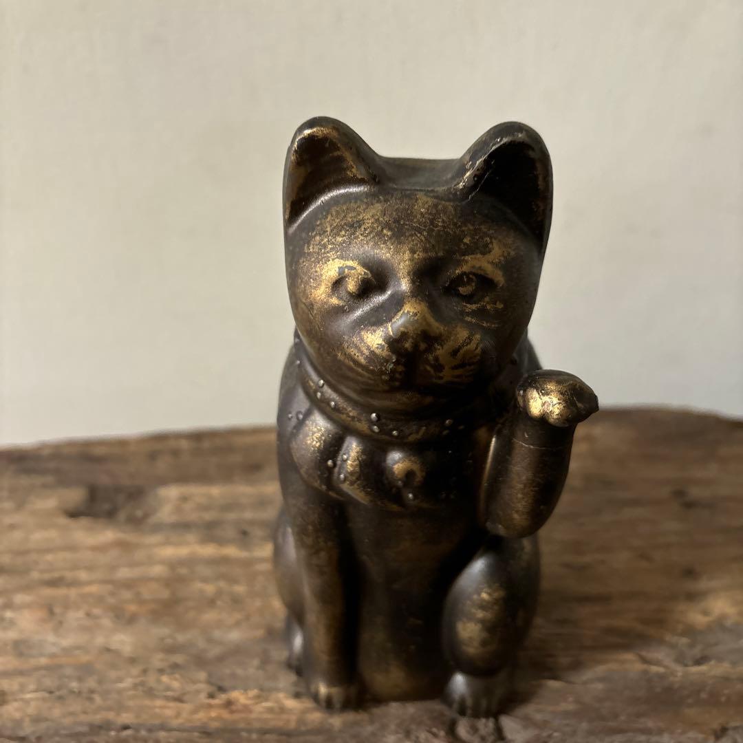 アンティーク　金属製の招き猫　縁起物　古道具　骨董品　福助人形　眠り猫　検:李朝