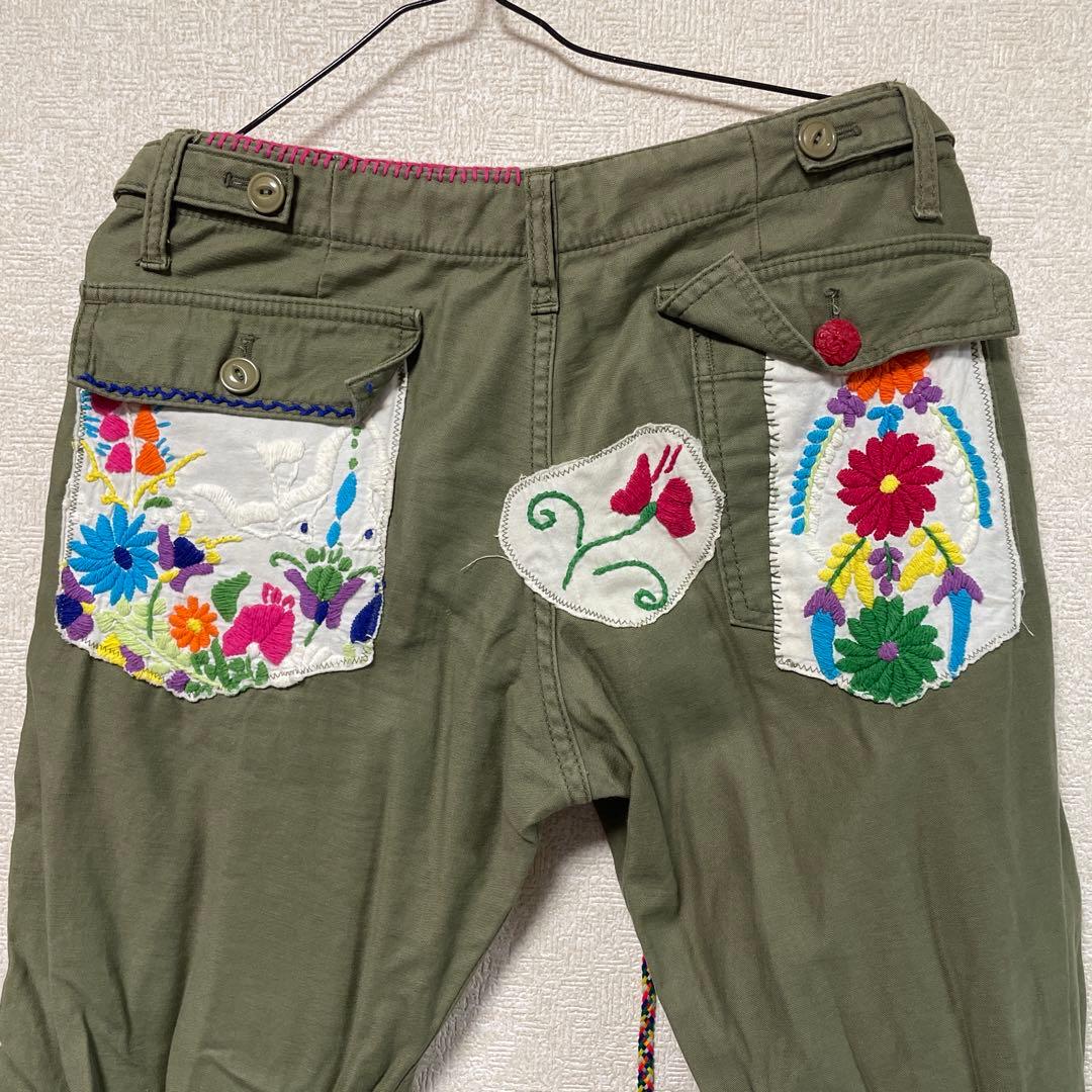 刺繍デザイン オリーブグリーン ミリタリーパンツ