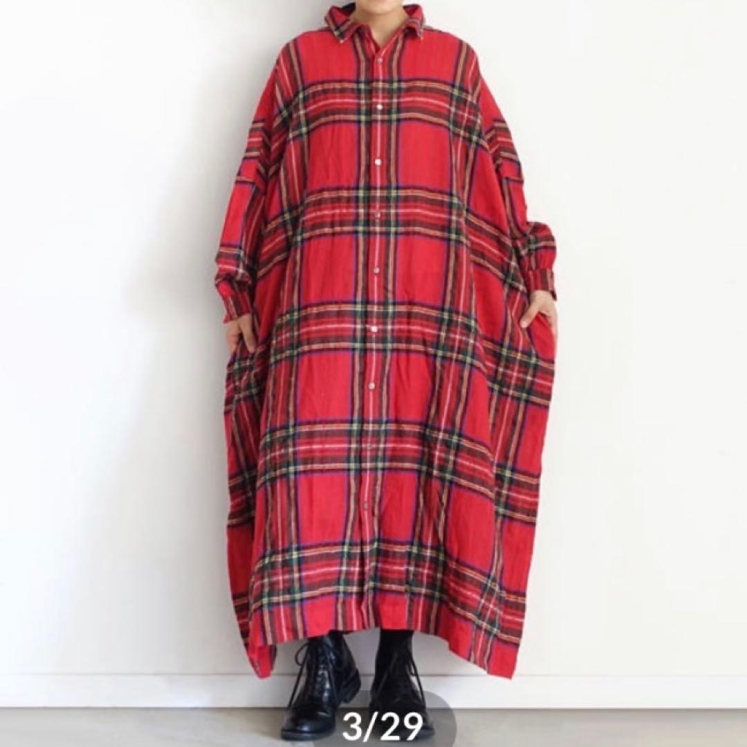 ichi Antiquités ウールタータンチェック シャツワンピース