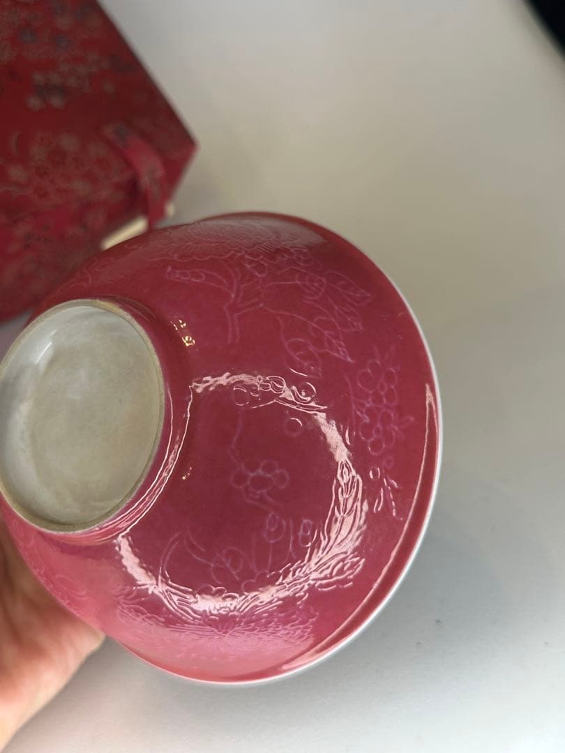 玫紅釉 粉釉 花卉文 碗　荷花・向日葵・牡丹文　中国古美術　時代物　錦箱付