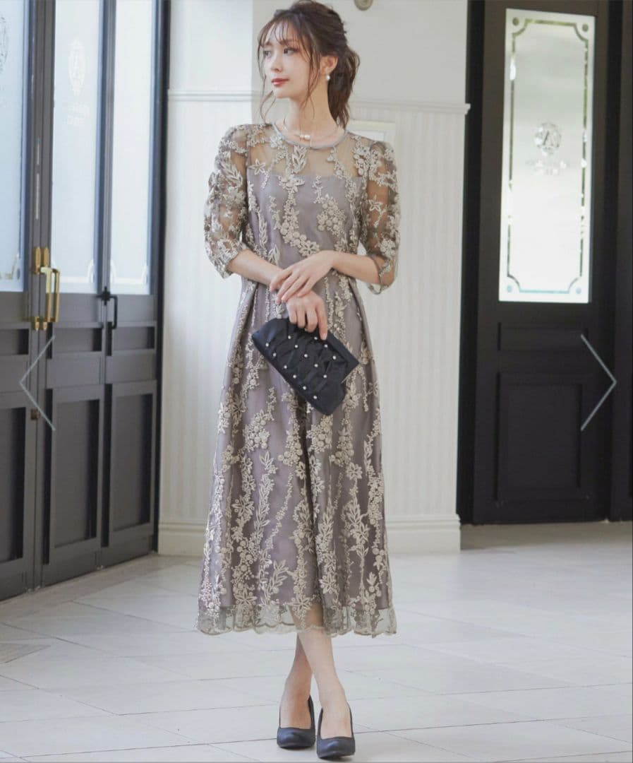 レース長袖マキシワンピース グレー