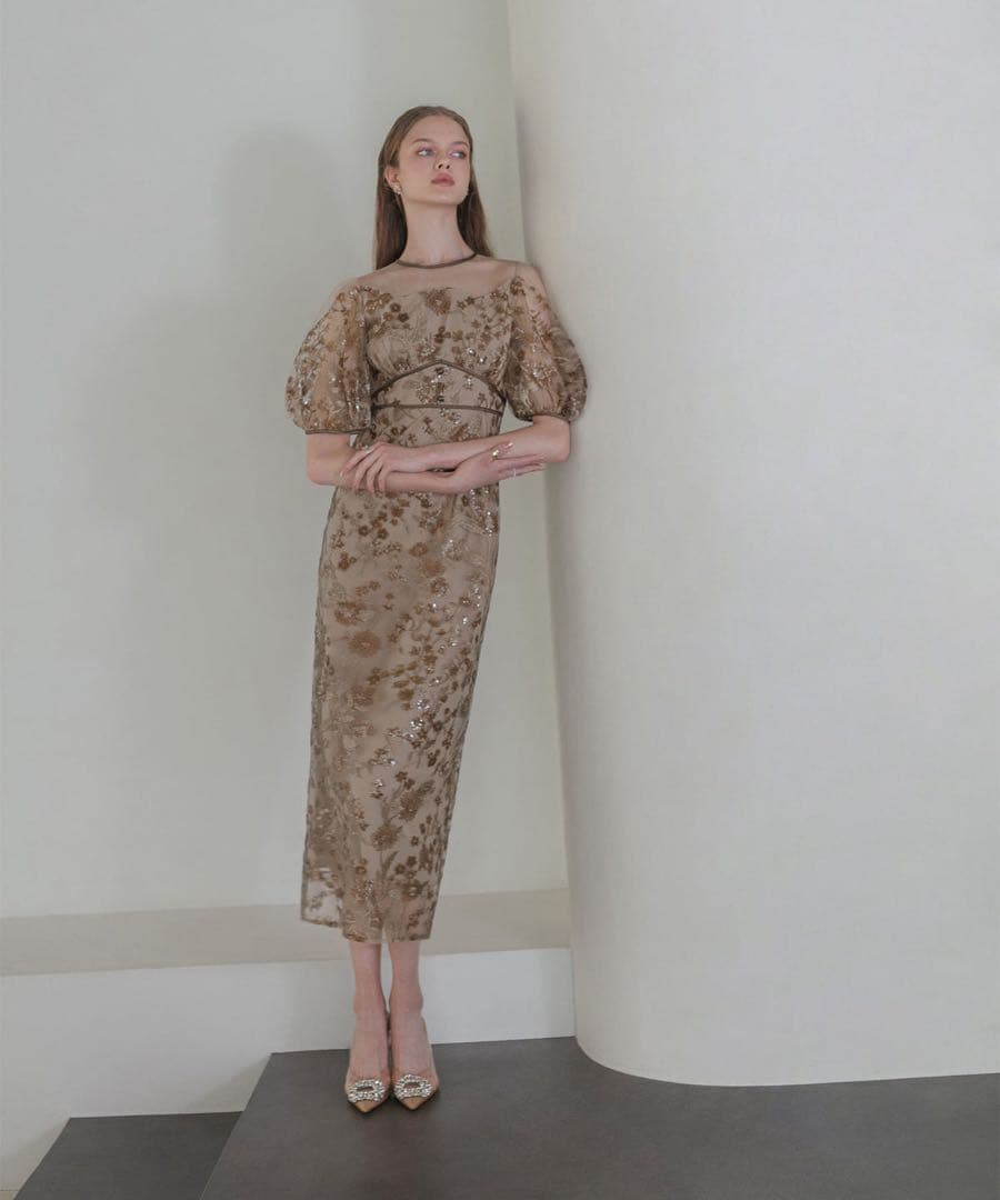 Leja フラワーディテールパフスリーブ ワンピースドレス結婚式二次会成人式