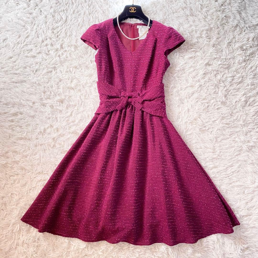 極美品✨Rene TISSUE社製 高級フレアワンピース リボン ワインレッド