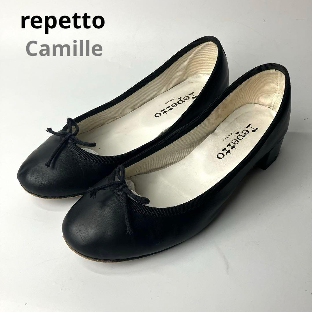 【美品】repetto カミーユ　リボン　バレエシューズ　太ヒール　黒　36