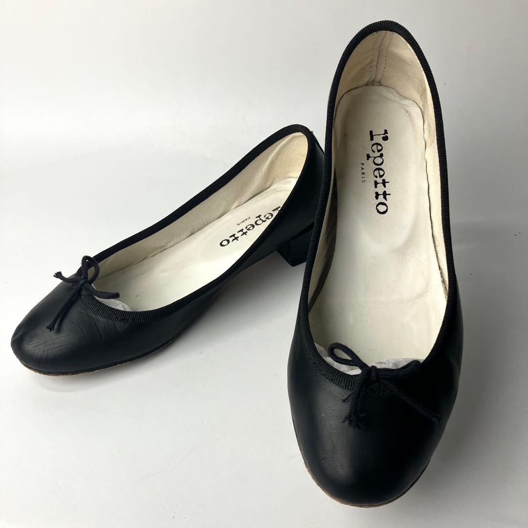 【美品】repetto カミーユ　リボン　バレエシューズ　太ヒール　黒　36
