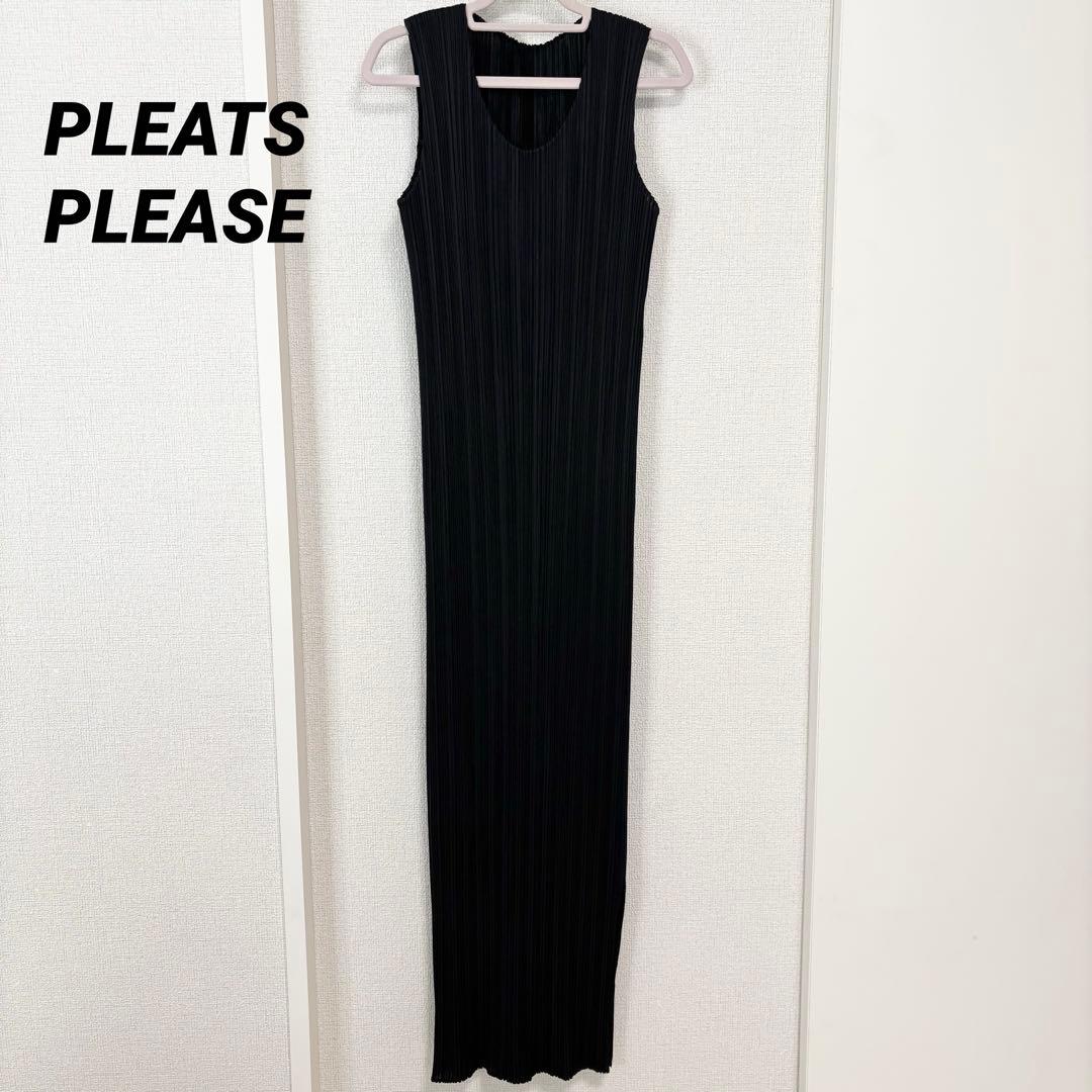 美品　プリーツプリーズ　ロングワンピース　スリット　ブラック　サイズ2