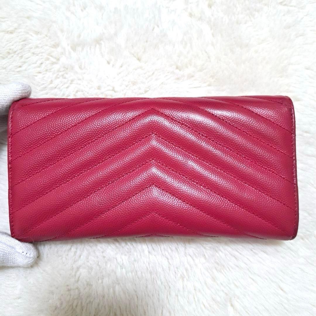サンローラン　長財布　二つ折り　カサンドラ　キャビアスキン　Vステッチ　レザー