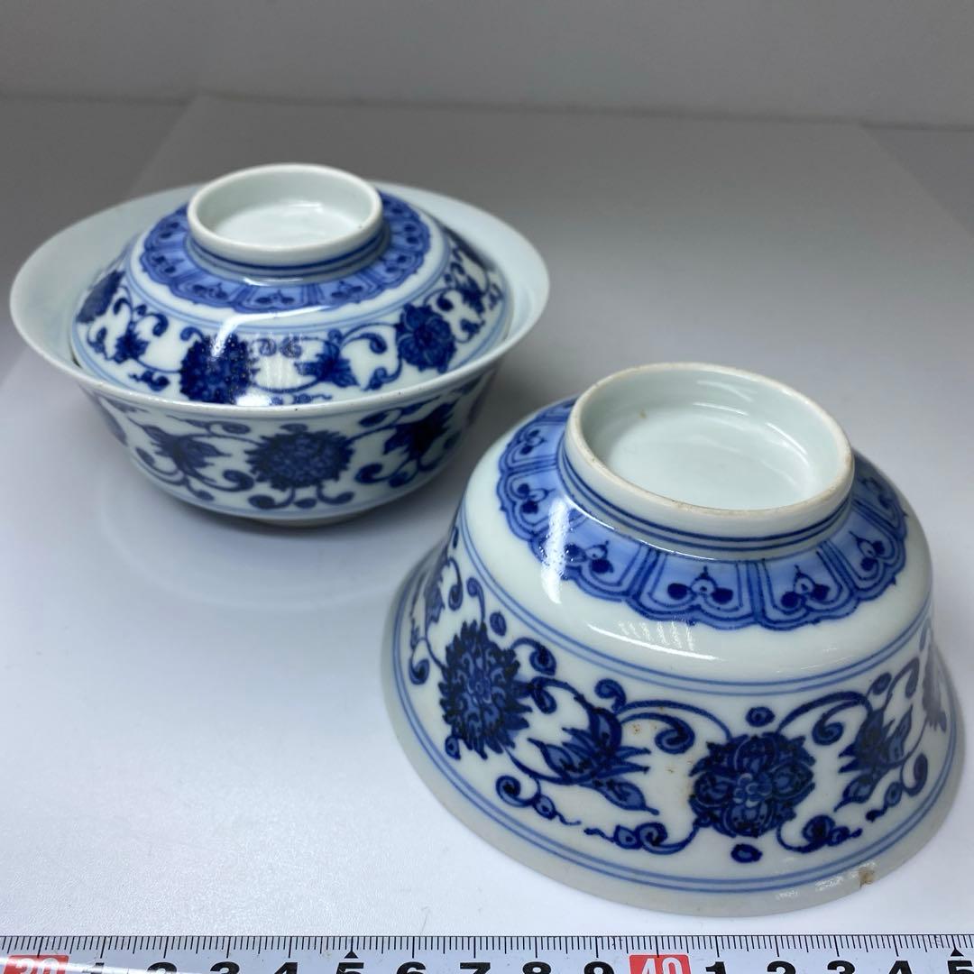 中国清時代　唐草文蓋茶碗2客直径12.5/12.7㎝タトチ東な7-0211☆2F