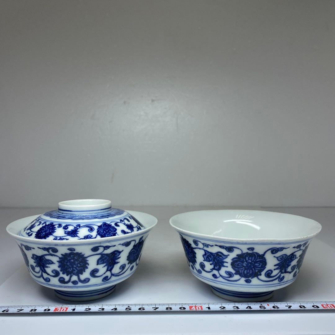 中国清時代　唐草文蓋茶碗2客直径12.5/12.7㎝タトチ東な7-0211☆2F