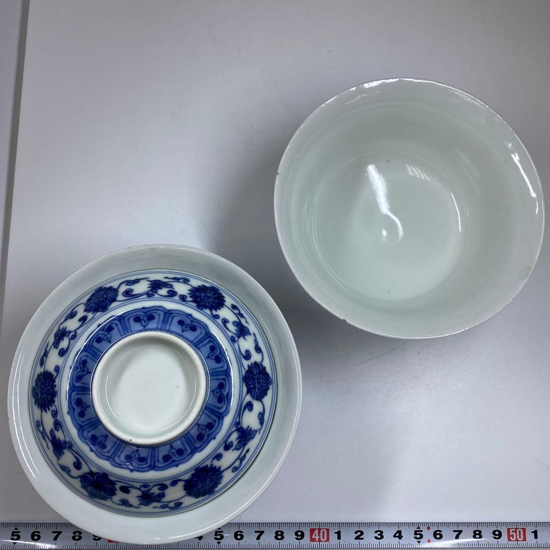 中国清時代　唐草文蓋茶碗2客直径12.5/12.7㎝タトチ東な7-0211☆2F