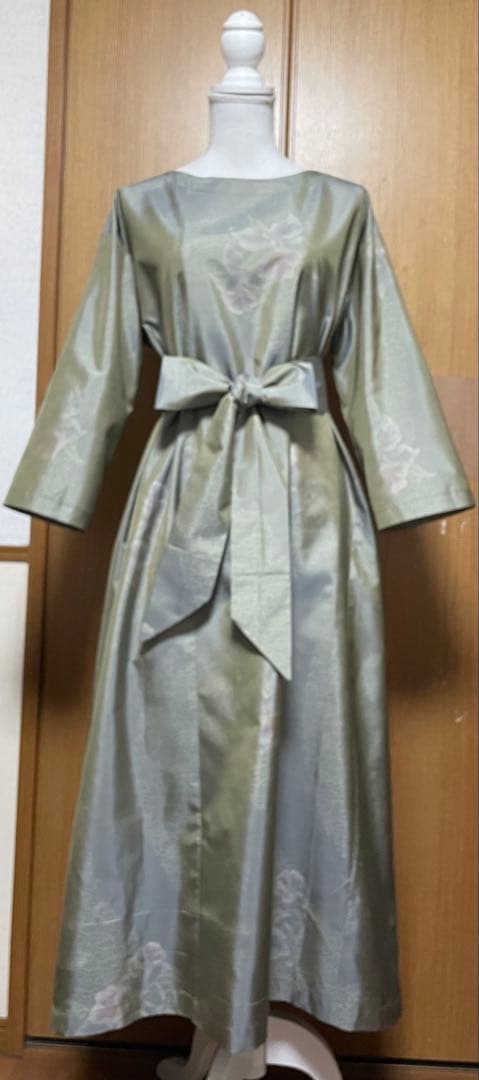 着物リメイク　大島のAラインワンピース リボン(共布紐ベルト)付き