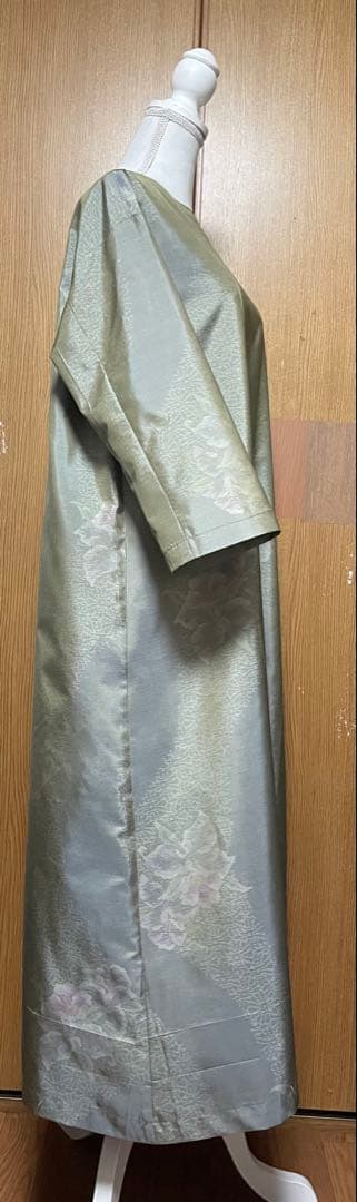 着物リメイク　大島のAラインワンピース リボン(共布紐ベルト)付き