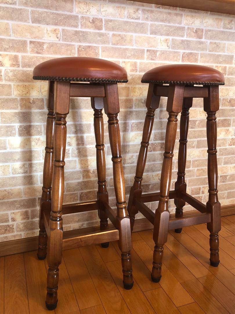 カウンターチェア　2脚セット　バー　ハイチェア　ハイスツール　アンティーク　木製