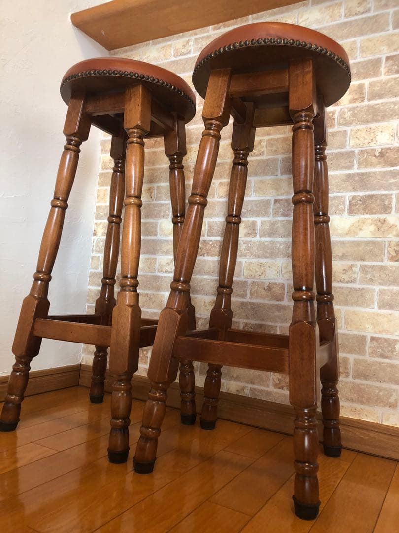 カウンターチェア　2脚セット　バー　ハイチェア　ハイスツール　アンティーク　木製