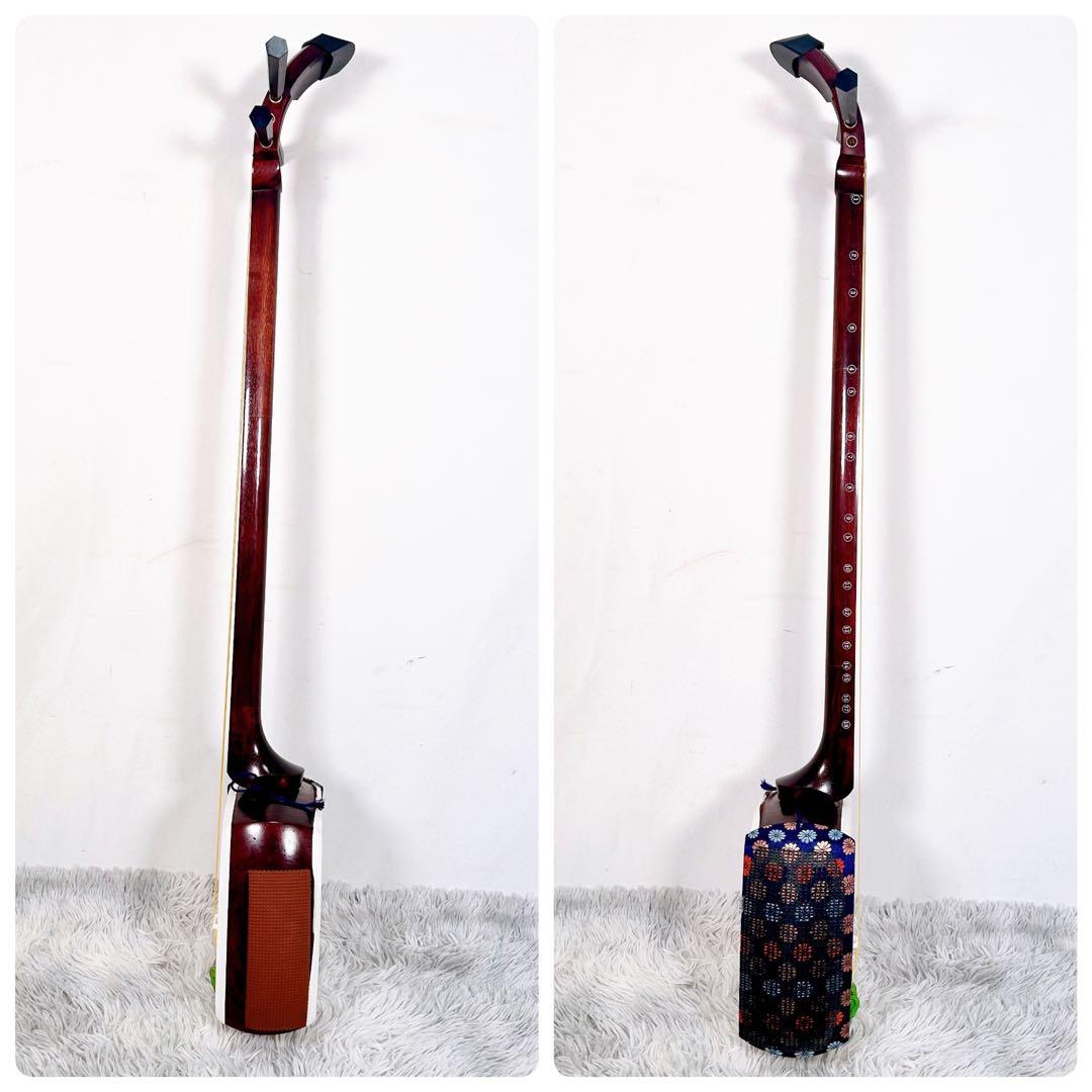 【希少】民謡三味線　中棹　花梨　正寸　3分割 丸打胴　皮やぶれなし　合皮　撥付き