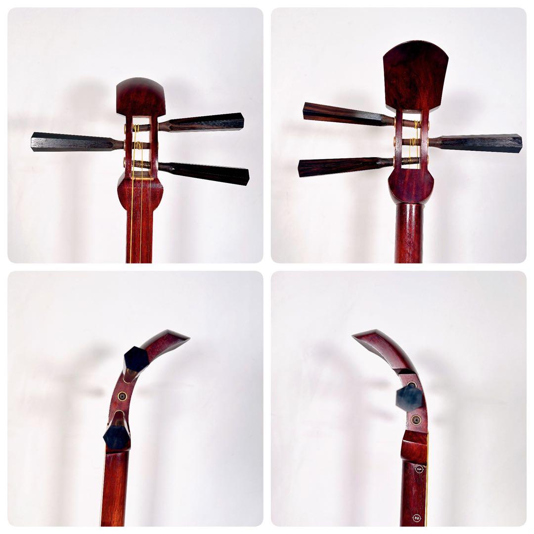 【希少】民謡三味線　中棹　花梨　正寸　3分割 丸打胴　皮やぶれなし　合皮　撥付き