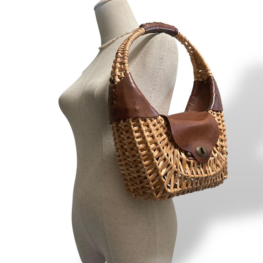 【美品】ラルフローレン　カゴバッグ　ワンショルダー　レザー　ロゴ型押し　ブラウン