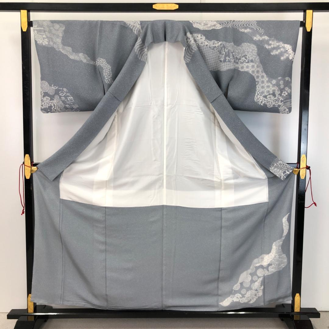 ☆ 訪問着 作家物 古代型七十七選 道長取り 薄藍鼠色 縮緬 K-4607