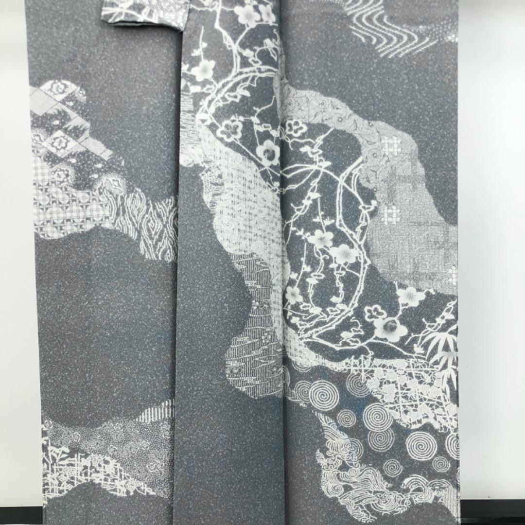 ☆ 訪問着 作家物 古代型七十七選 道長取り 薄藍鼠色 縮緬 K-4607