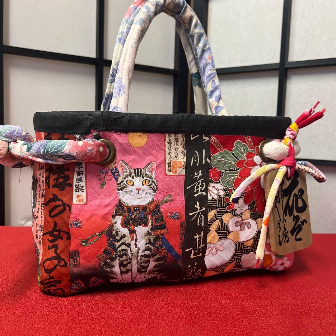 和猫 一閑張り バッグ かごバッグ ハンドバッグ 花 浮世絵 和柄 小さめ