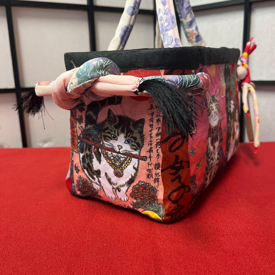 和猫 一閑張り バッグ かごバッグ ハンドバッグ 花 浮世絵 和柄 小さめ