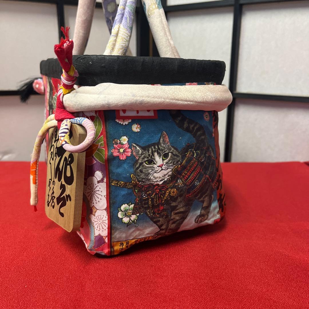 和猫 一閑張り バッグ かごバッグ ハンドバッグ 花 浮世絵 和柄 小さめ