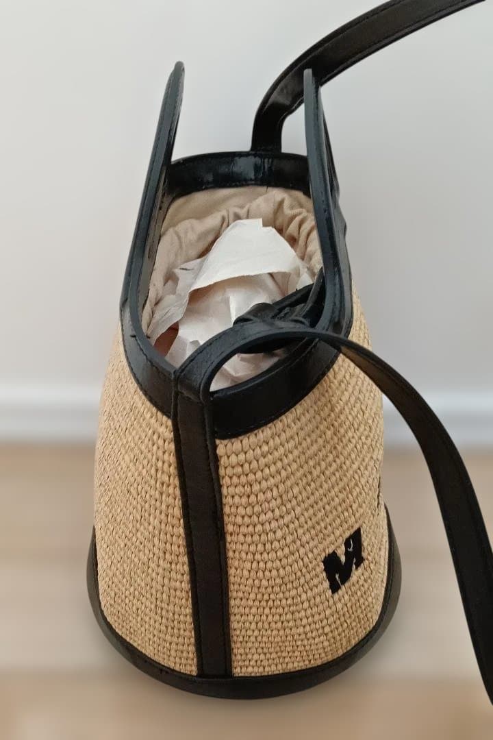 MARNI ロゴ ストロー&レザー ショルダーバッグ ベージュ×黒