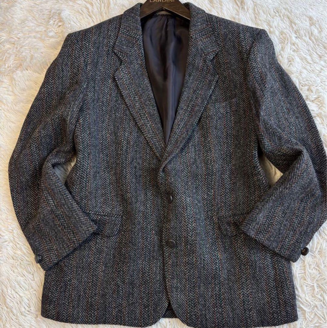 ■美品■ ハリスツイード ヘリンボーン柄テーラードジャケット グレー系 LL
