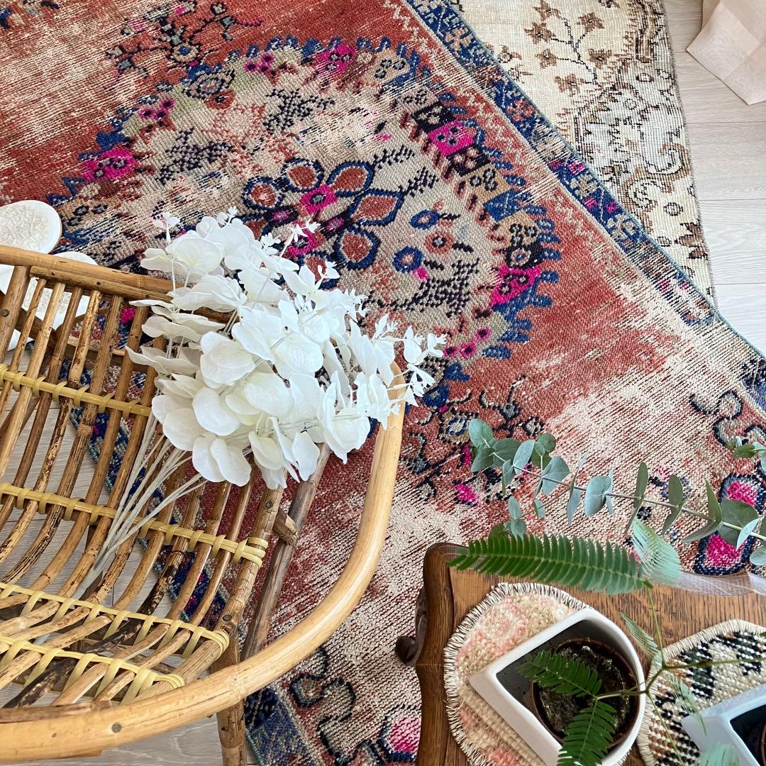 貴重✳︎ギュネイ✳︎84×157シャビー　レッド　ネイビー　トルコヴィンテージラグ