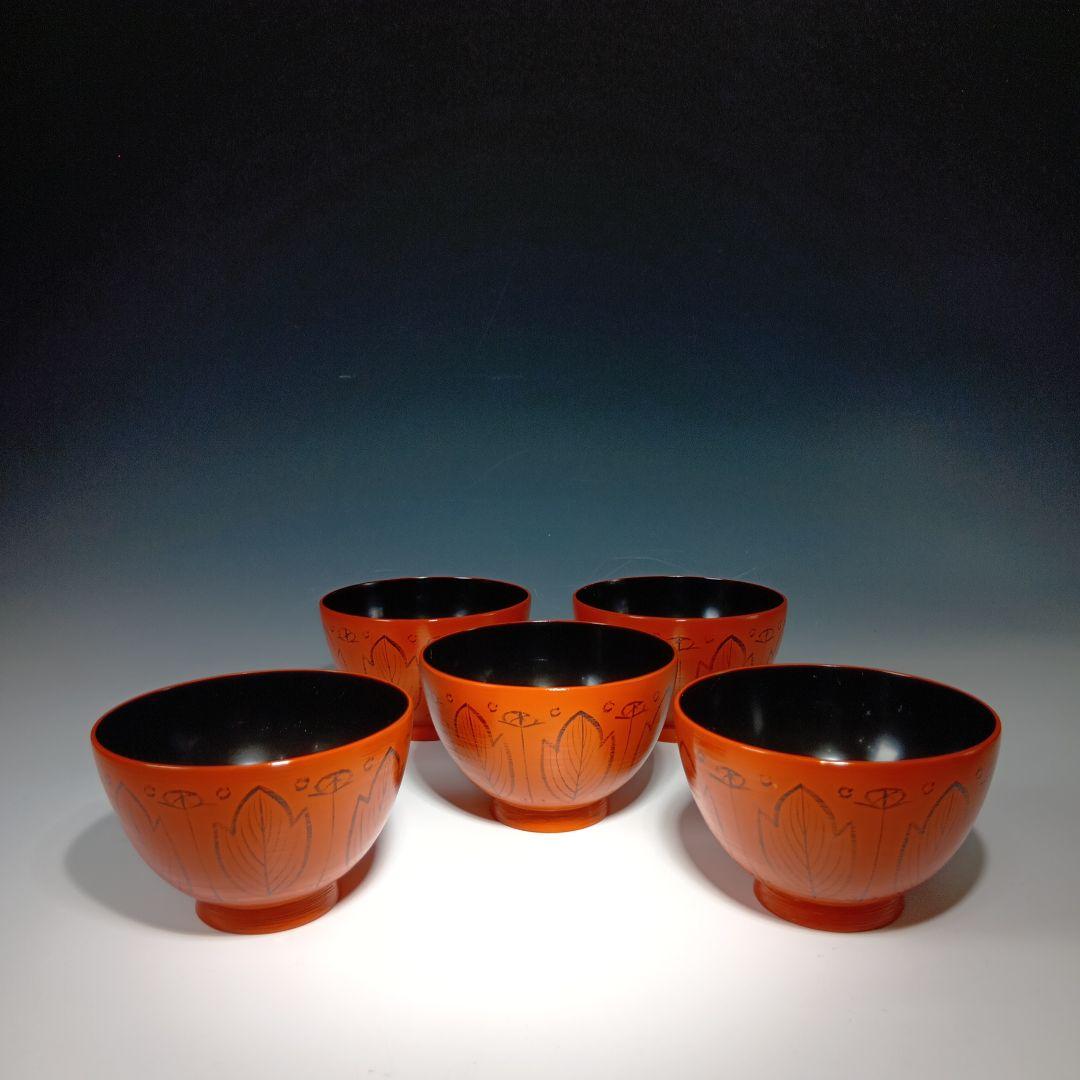 最終値下げ輪島塗　剣牡丹模様付　吸物碗5客　　 共箱　美品