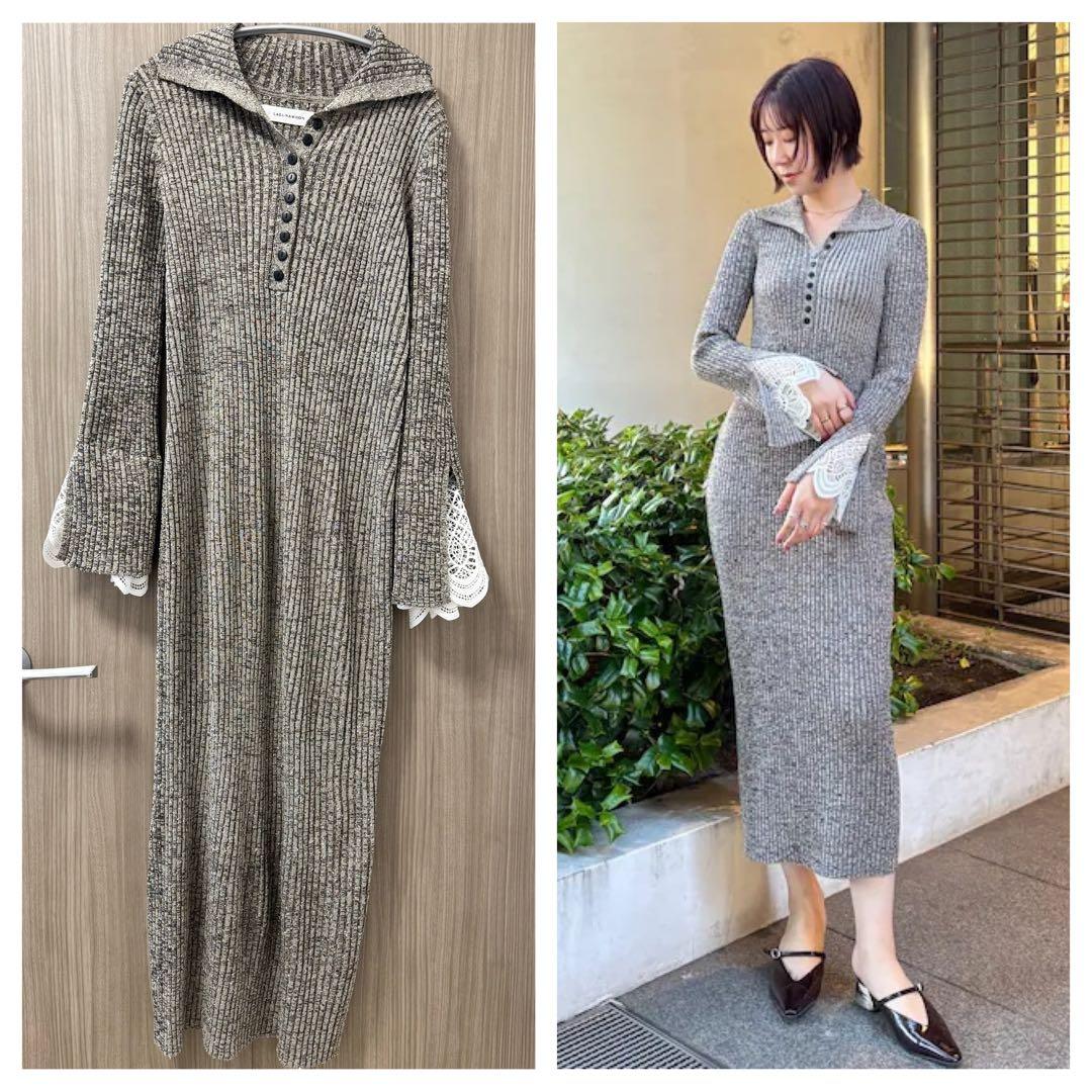 【美品】ラグナムーン レーススリーブネップリブニットワンピース