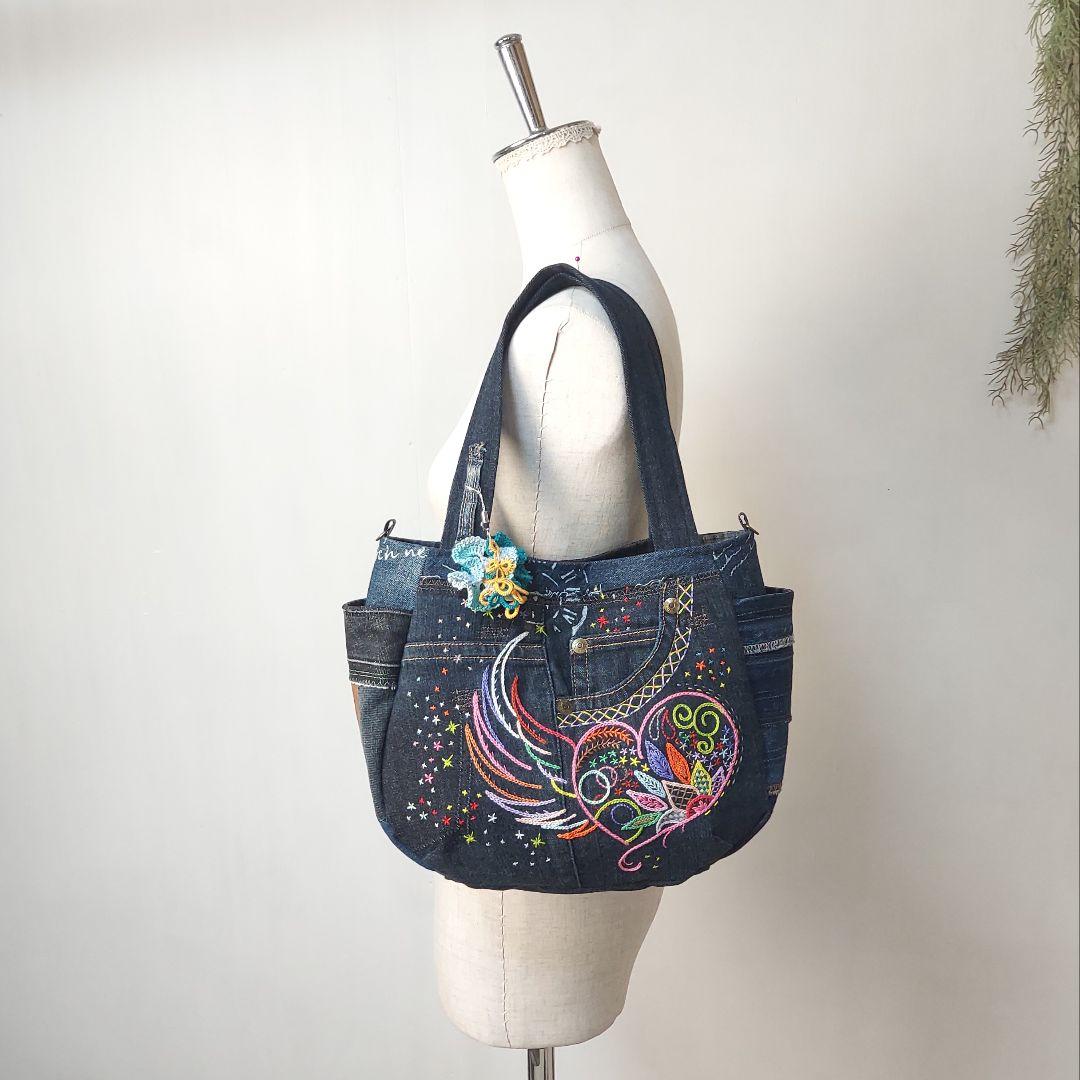 刺繍デニムバック　No.670　デニムリメイクチューリップバック　刺繍バック
