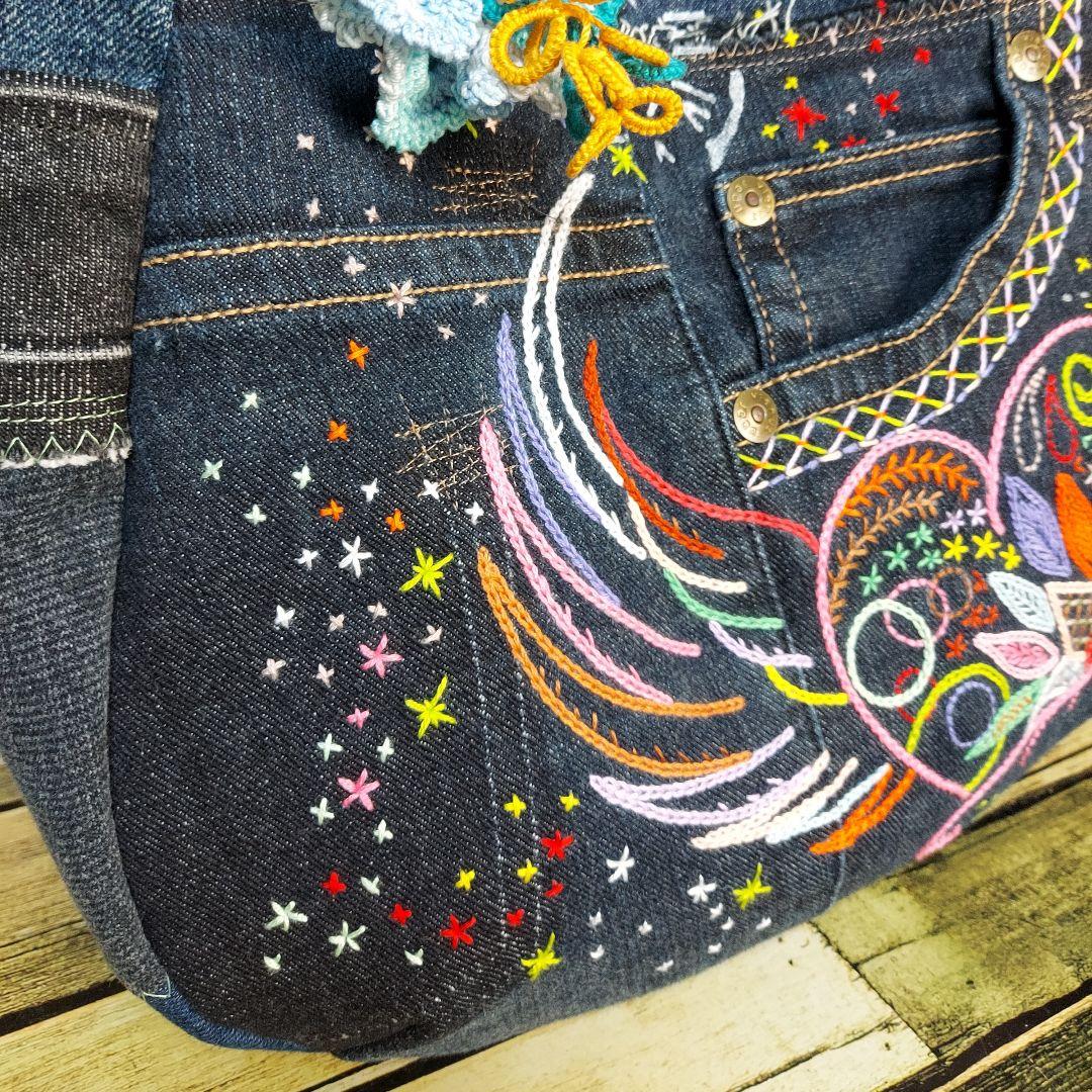 刺繍デニムバック　No.670　デニムリメイクチューリップバック　刺繍バック