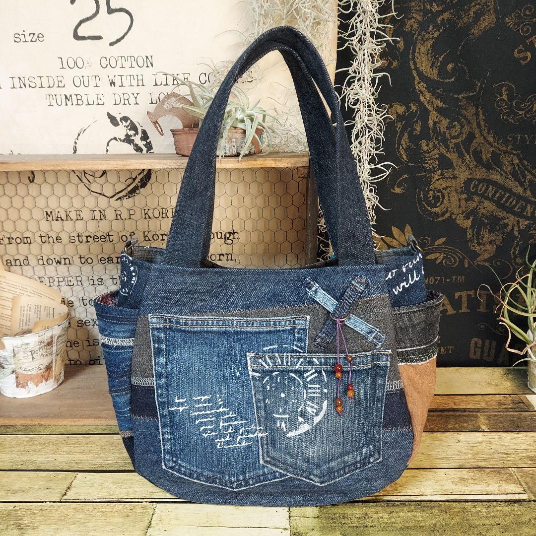 刺繍デニムバック　No.670　デニムリメイクチューリップバック　刺繍バック