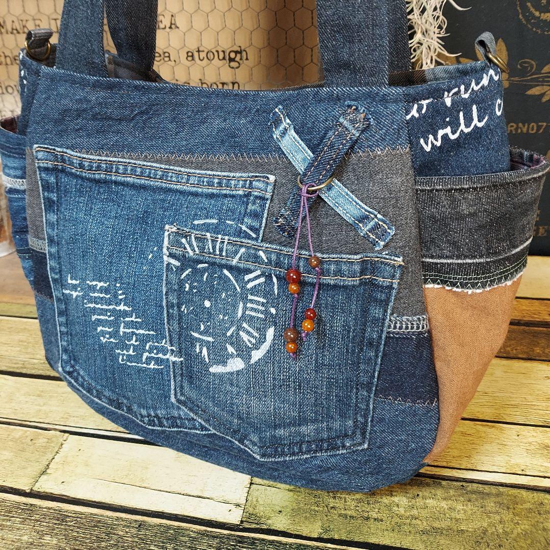 刺繍デニムバック　No.670　デニムリメイクチューリップバック　刺繍バック