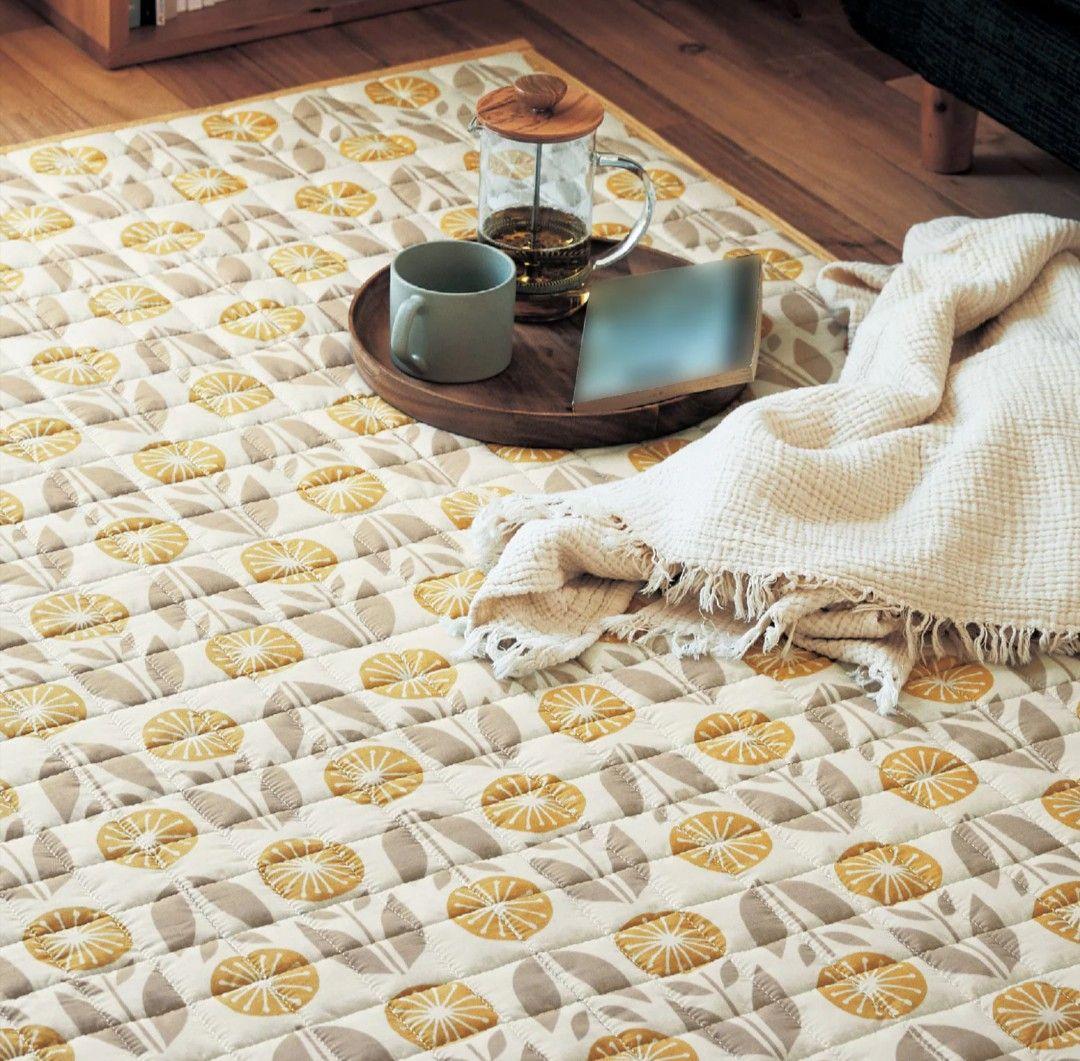 北欧 キルティング ラグ ラグマット カーペット キルト花模様 黄色ナチュラル春