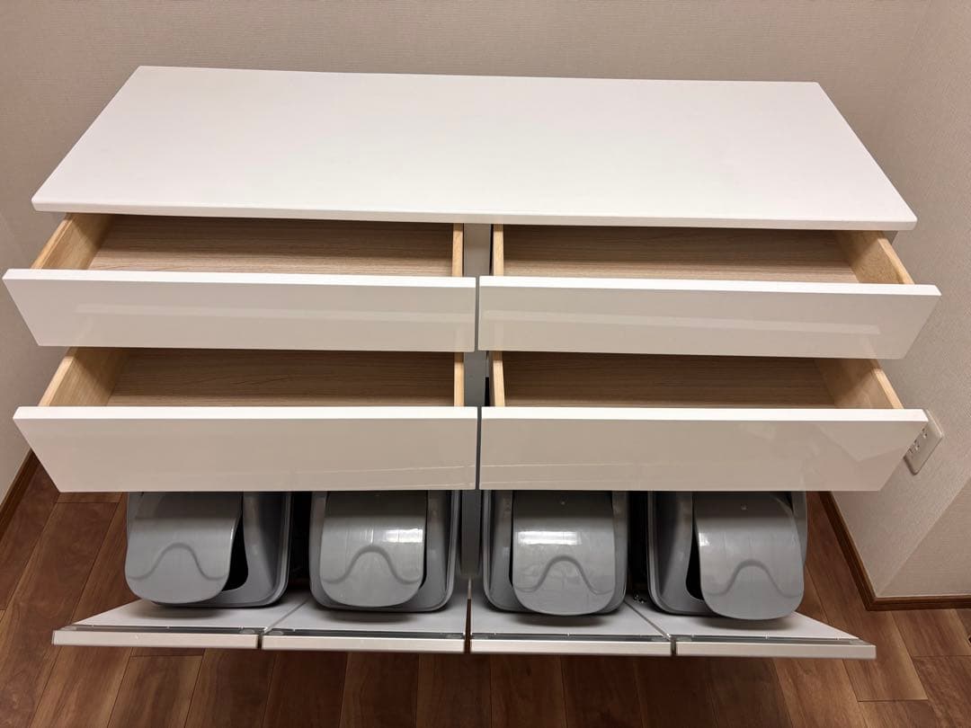 送料込み！【ゴミ箱＆食器棚】ホワイト収納キャビネット 引き出し・扉付き