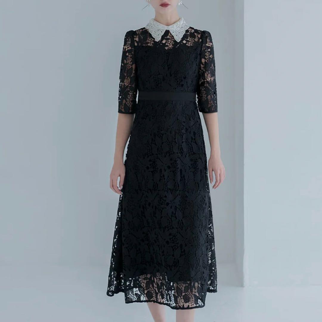 【新品未使用タグ付き】LEJA 花柄レースビジューカラーAラインワンピースドレス