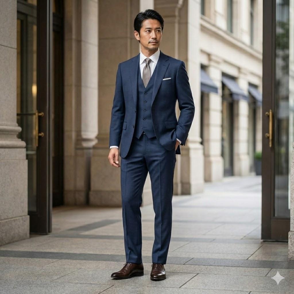 美品✨ スーツセレクト 3ピース セットアップ ネイビー シャドーチェック A6