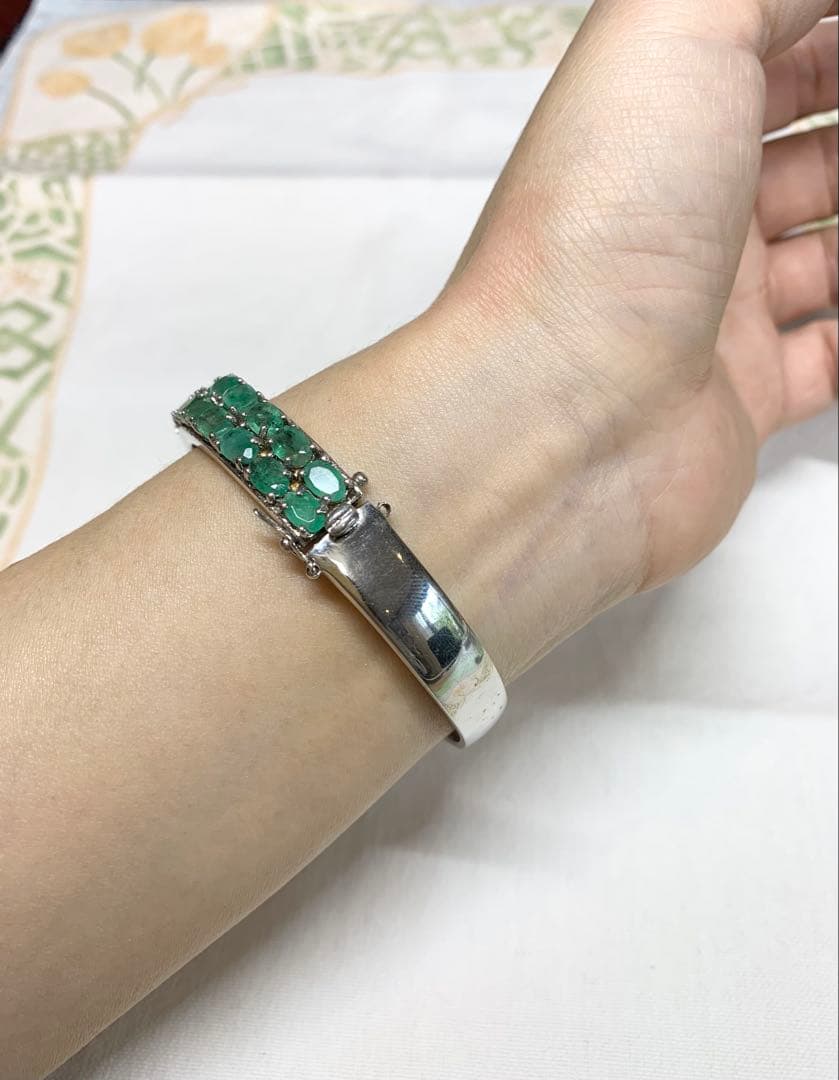 エメラルド＋シルバー925　バングル　レア　内径約57mm