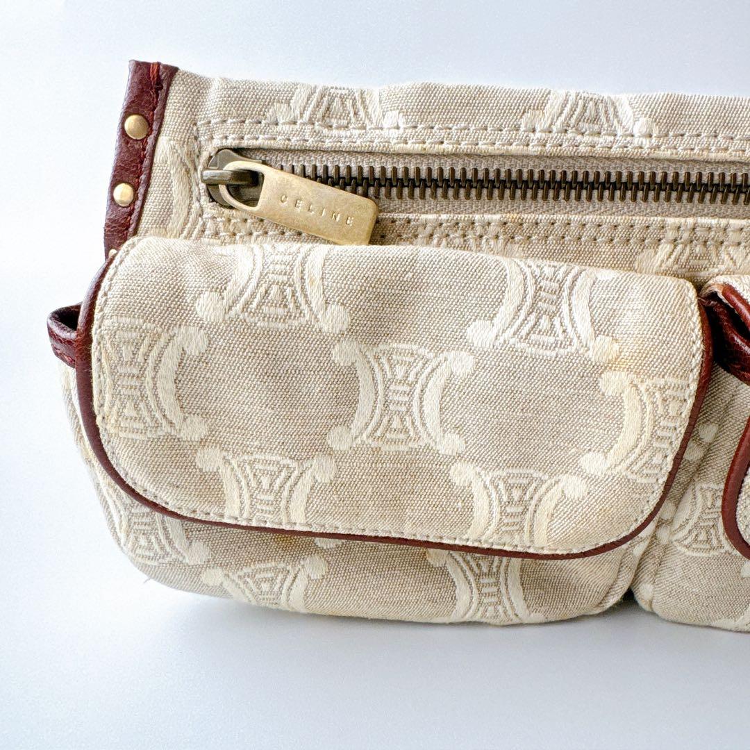 希少 セリーヌ マカダム ウエストバッグ ベージュ×ブラウン レザー×キャンバス
