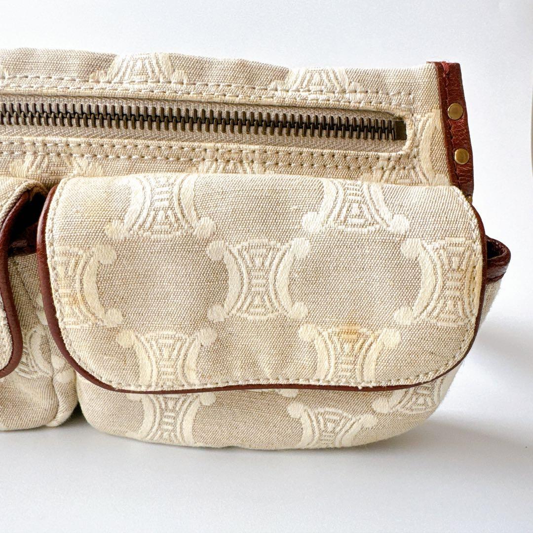 希少 セリーヌ マカダム ウエストバッグ ベージュ×ブラウン レザー×キャンバス