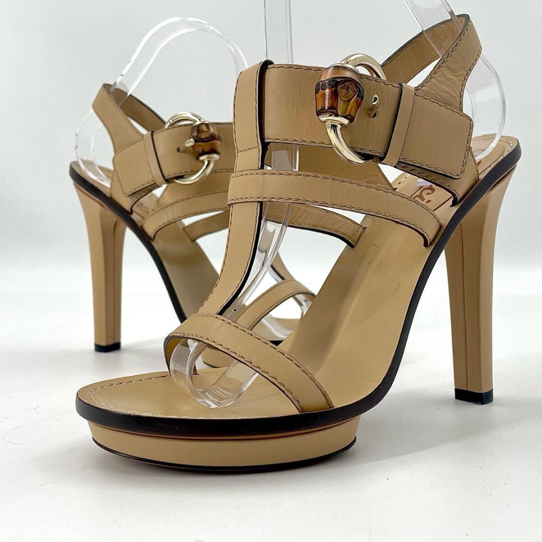 【未使用級】グッチ バンブー ストラップ ベルト サンダル ヒール レザー 本革