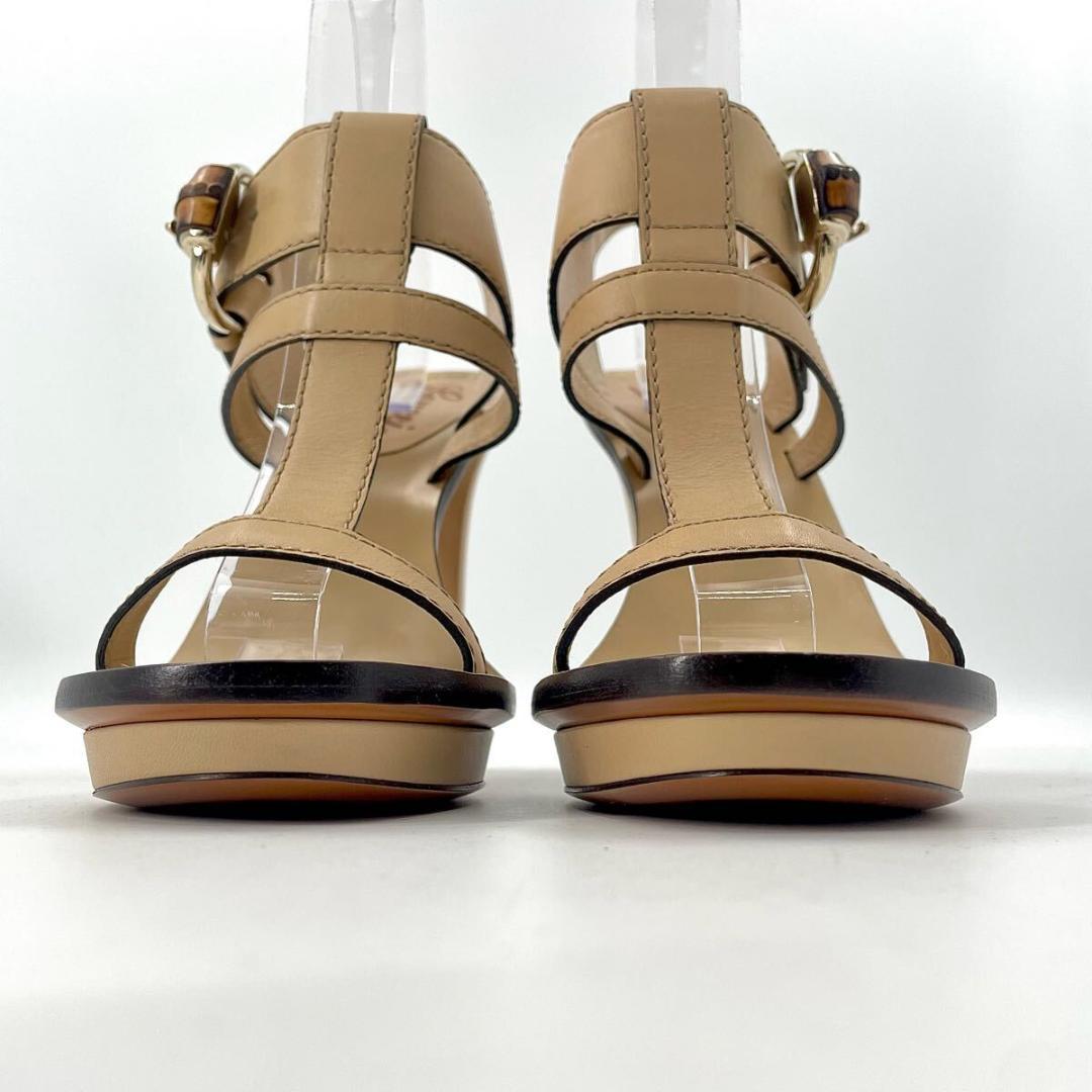 【未使用級】グッチ バンブー ストラップ ベルト サンダル ヒール レザー 本革