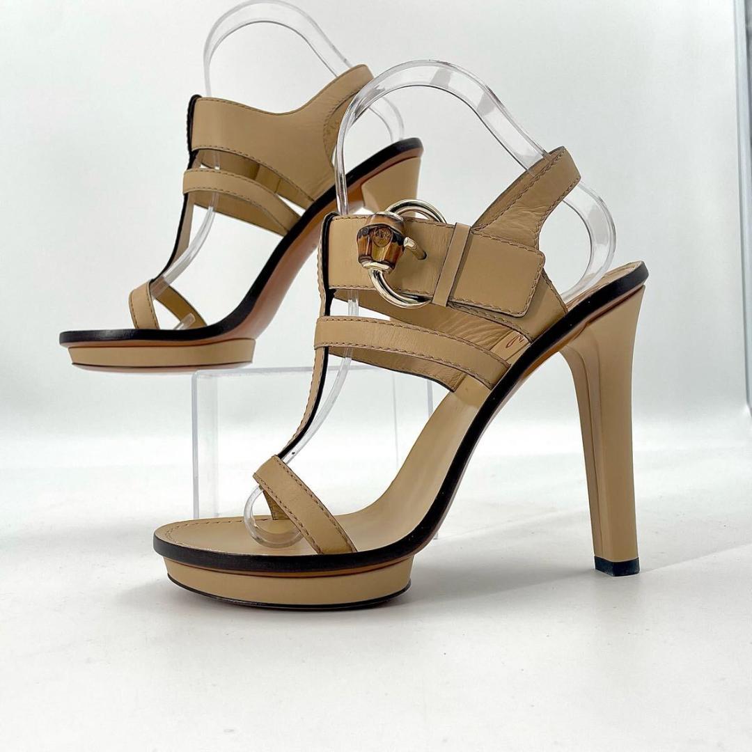 【未使用級】グッチ バンブー ストラップ ベルト サンダル ヒール レザー 本革