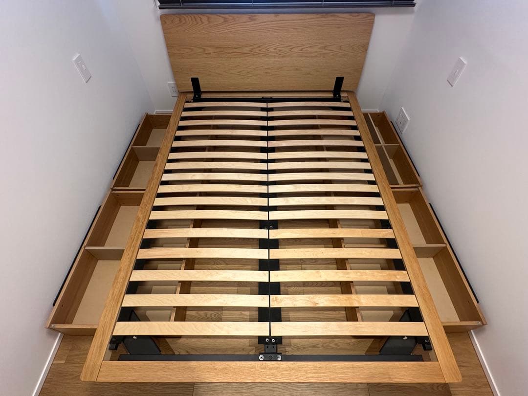 ★おっと★無印良品　ダブルベッドフレーム★収納4個付き　木製オーク